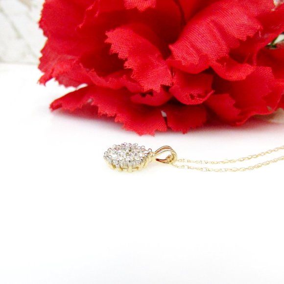 Diamond Cluster Pendant Necklace Solid 10k Yellow Gold Genuine Natural Real - Picture 5 of 6
